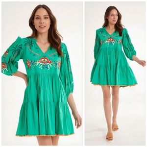 Rubyyaya Embroidered Tropical Palm Tiered Alabama Dress, S